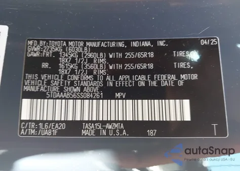 2025 Toyota Grand Highlander Xle from USA, damaged, VIN 5TDAAAB56SS084261